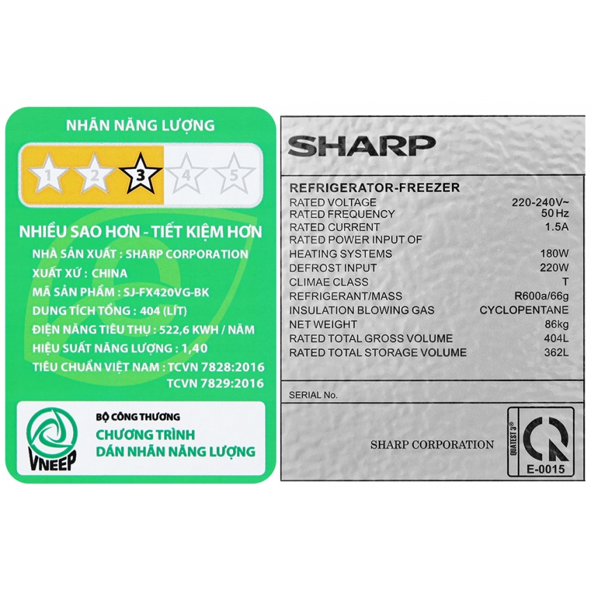 Tủ lạnh Sharp Inverter 362 lít Multi Door SJ-FX420VG-BK